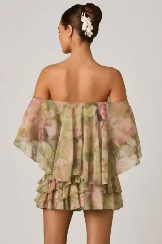 Birdie Off-Shoulder Ruffled Mini Dress in Floral Multi Print