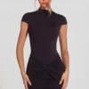 Blair Jersey Turtleneck Ruched Backless Mini Dress in Black