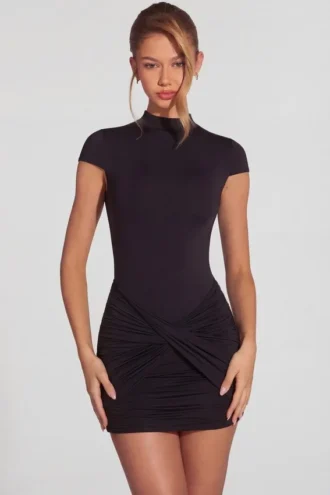 Blair Jersey Turtleneck Ruched Backless Mini Dress in Black