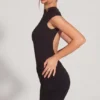 Blair Jersey Turtleneck Ruched Backless Mini Dress in Black