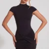 Blair Jersey Turtleneck Ruched Backless Mini Dress in Black