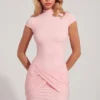 Blair Jersey Turtleneck Ruched Backless Mini Dress in Pink