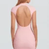 Blair Jersey Turtleneck Ruched Backless Mini Dress in Pink