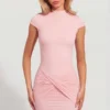 Blair Jersey Turtleneck Ruched Backless Mini Dress in Pink