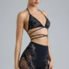 Liberty Embellished Cross-Strap Bikini Top in Black