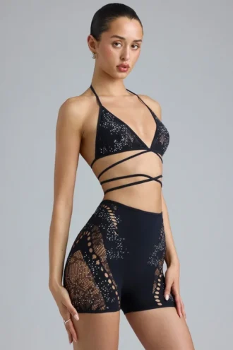 bonnie embellished high waist shorts in black 9 330x495 - Liberty Embellished Cross-Strap Bikini Top in Black
