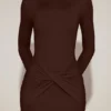 Briallen Soft-Jersey Boat-Neck Draped Mini Dress in Chocolate Brown