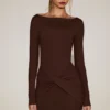 Briallen Soft-Jersey Boat-Neck Draped Mini Dress in Chocolate Brown