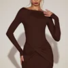 Briallen Soft-Jersey Boat-Neck Draped Mini Dress in Chocolate Brown