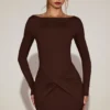 Briallen Soft-Jersey Boat-Neck Draped Mini Dress in Chocolate Brown