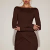 Briallen Soft-Jersey Boat-Neck Draped Mini Dress in Chocolate Brown