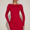 Briallen Soft-Jersey Boat-Neck Draped Mini Dress in True Red