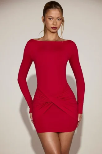 Briallen Soft-Jersey Boat-Neck Draped Mini Dress in True Red