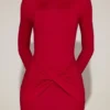 Briallen Soft-Jersey Boat-Neck Draped Mini Dress in True Red