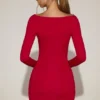 Briallen Soft-Jersey Boat-Neck Draped Mini Dress in True Red