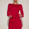 Briallen Soft-Jersey Boat-Neck Draped Mini Dress in True Red