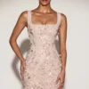 Briar Embellished Appliqué Corset Mini Dress in Pale Gold