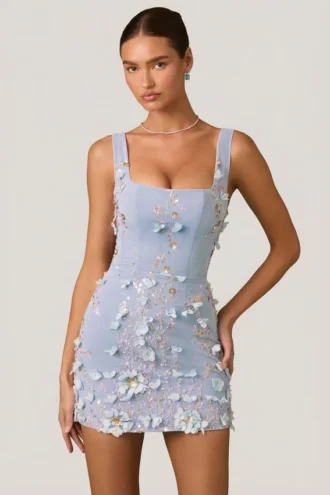 Briar Embellished Appliqué Corset Mini Dress in Sky Blue