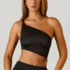 Brisa Ruched Asymmetric Crop Top in Black