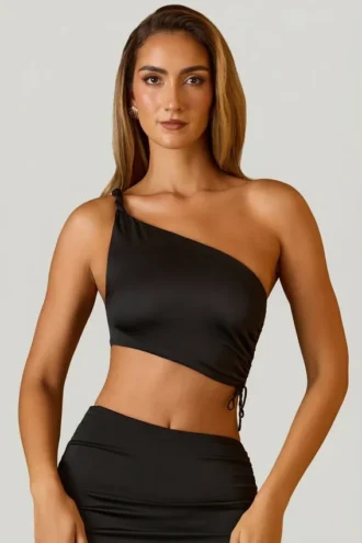 Brisa Ruched Asymmetric Crop Top in Black