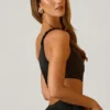 Brisa Ruched Asymmetric Crop Top in Black