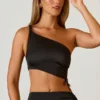 Brisa Ruched Asymmetric Crop Top in Black