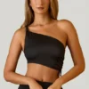 Brisa Ruched Asymmetric Crop Top in Black