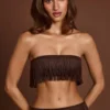 Bruma Fringed Bandeau Lace-up Crop Top in Chocolate Brown