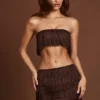 Bruma Fringed Bandeau Lace-up Crop Top in Chocolate Brown