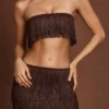 Bruma Fringed Bandeau Lace-up Crop Top in Chocolate Brown