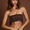 Bruma Fringed Bandeau Lace-up Crop Top in Chocolate Brown