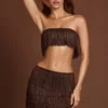 Bruma Fringed Bandeau Lace-up Crop Top in Chocolate Brown