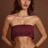 Bruma Fringed Bandeau Lace-up Crop Top in Wine Red