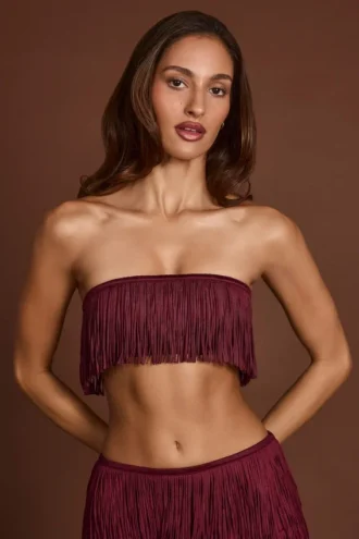 Bruma Fringed Bandeau Lace-up Crop Top in Wine Red