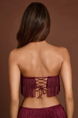 Bruma Fringed Bandeau Lace-up Crop Top in Wine Red