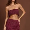 Bruma Fringed Bandeau Lace-up Crop Top in Wine Red