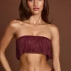 Bruma Fringed Bandeau Lace-up Crop Top in Wine Red