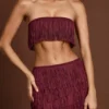 Bruma Fringed Bandeau Lace-up Crop Top in Wine Red