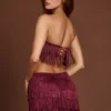 Bruma Fringed Bandeau Lace-up Crop Top in Wine Red
