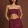 Bruma Fringed Bandeau Lace-up Crop Top in Wine Red
