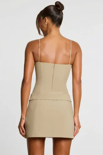 Bruna Woven Twill Wrap Over Pleated Mini Dress in Taupe