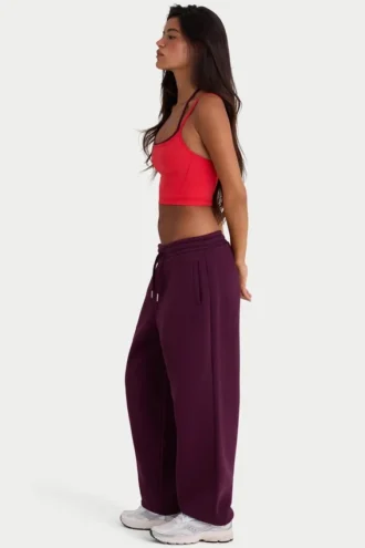 Brushed Cotton Jersey Mid-Rise Relaxed Joggers in Burgundy