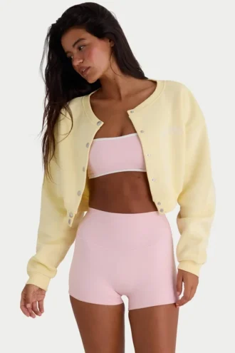 Brushed Jersey Button-Up Cropped Cardigan in Soft Yellow