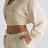 Brushed Jersey Hooded Cropped Shrug in Ecru