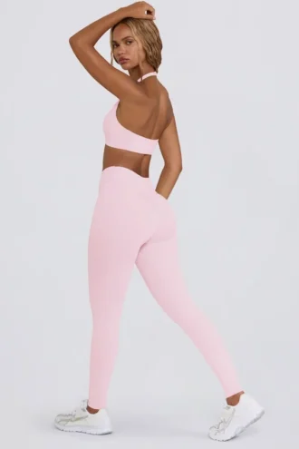 Brushed Jersey Ruched Mid-Rise Leggings in Pale Pink Marl