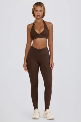 Brushed Jersey Ruched Mid-Rise Leggings in Pecan Marl
