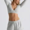 Brushed Jersey V-Neck Crop Top in Fog Grey