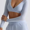 Brushed Jersey V-Neck Crop Top in Soft Blue