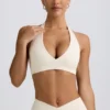 Brushed Jersey V-Neck Sports Bra in Ivory Marl