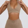 Brushed Jersey V-Neck Sports Bra in Mocha Marl
